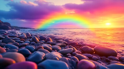 Obraz premium Beautiful rainbow over the ocean with colorful pebbles on the shore photos