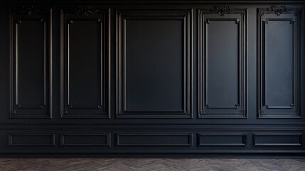 Elegant black paneling with deep, symmetrical recesses and refined geometric flourishes.