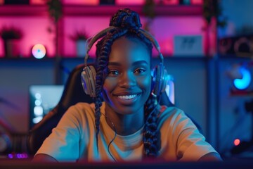 Obraz premium Portrait of a smiling young black female IT support worker in startup company office