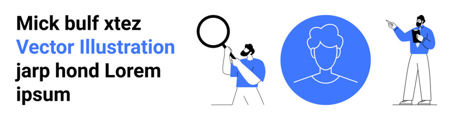 Man analyzing data with magnifying glass, pointing at clipboard, and round profile avatar. Ideal for user profiles, personal identification, data analysis, analytics, presentations, tutorials simple