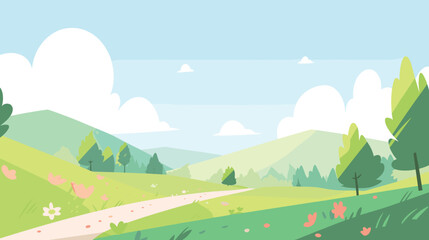 Obraz premium Serene cartoon landscape with rolling hills and trees