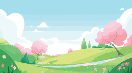 Naklejka premium Peaceful spring landscape with pink blossoming trees and clear blue sky