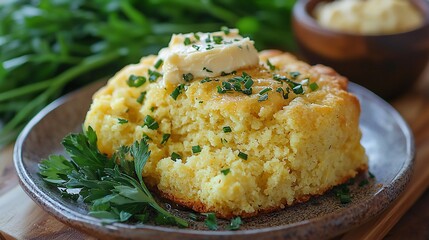 Fototapeta premium Buttery cornbread biscuit, herbs garnish, close-up