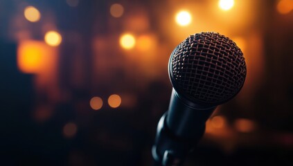 Close-up microphone on stage. Blurry background of lights and ambiance