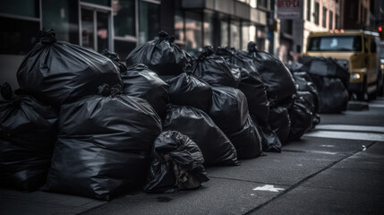 Piles of black garbage bags lined up on a city street near buildings and parked truck