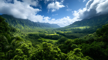 Obraz premium A lush green valley covered with tropical blossoms under a blue sky.