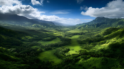 Obraz premium A lush green valley covered with tropical blossoms under a blue sky.