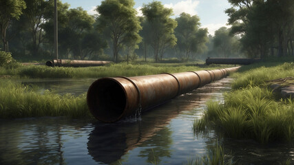 Rusted Metal Pipe Discharging Water into Shallow Stream in Lush Wetland Environment