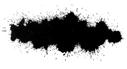 Dramatic splash of ink on a stark white background. The splatters create a compelling visual impact with their contrast and dynamic forms.