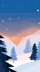 Naklejka premium Tranquil winter landscape with snowy pines and sunset sky