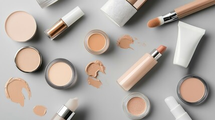 Obraz premium Smooth strokes of foundation, lip gloss, and skincare products displayed on a grey background, flat lay.