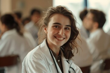 Fototapeta premium Portrait of a smiling young female doctor at medical training in seminar room