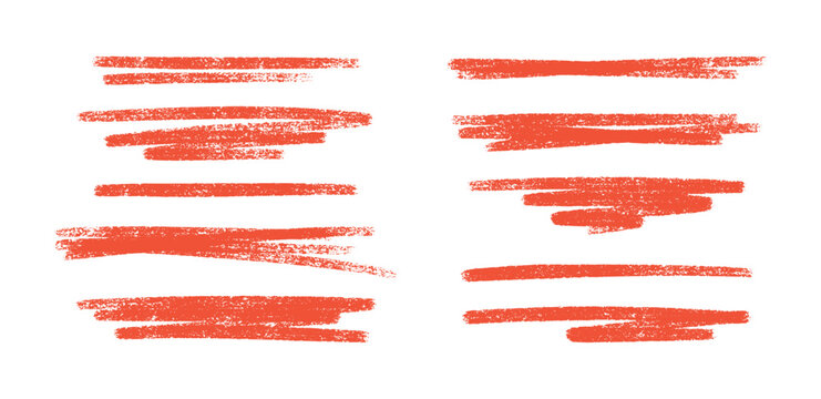 Crayon red brush stroke lines and underlines set - hand painted grunge borders, rough edges paint streaks. Ink sketch highlighting elements, text dividers and accents for banners design.