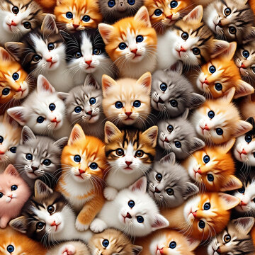 Adorables gatos juntos llenan la foto con sus hermosos rostros peludos en varios colores.