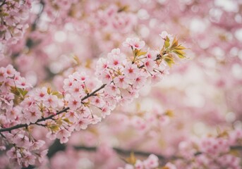 Naklejka premium Tender pink cherry blossom branch presents romantic mood for valentine card design, spring celebration banners, mother day greeting card, floral wallpaper project