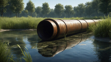 Rusted Metal Pipe Discharging Water into Shallow Stream in Lush Wetland Environment
