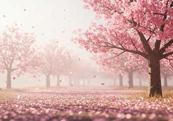 Naklejka premium Blossoming sakura trees create a beautiful scene with falling petals cascading onto the path, perfect for springtime celebrations and charming valentine's day backgrounds.