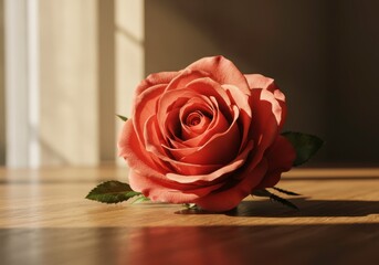 Rose flower head portrait on wooden surface with light effect for st valentine's day greeting card, present, invitation card, romantic holiday gift