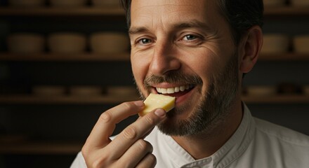 A man with a beard smiling and holding a piece of cheese up to his mouth in a close up shot