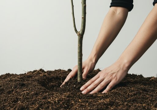 Woman planting seedling on soil. Agriculture and horticulture concept. Gardening care with environmental awareness. Arbor day banner and earth day promotion.