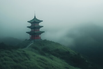 Obraz premium A photo of a tall building standing on top of a vibrant green hillside surrounded by nature A Chinese pagoda in a misty mountain setting .