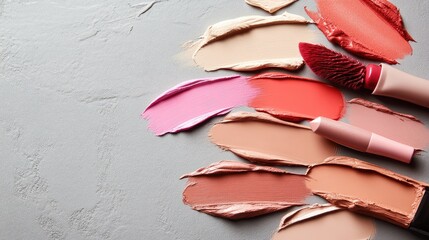 Various shades of lipstick, foundation, and moisturizer swatched on a grey backdrop in an elegant flat lay.