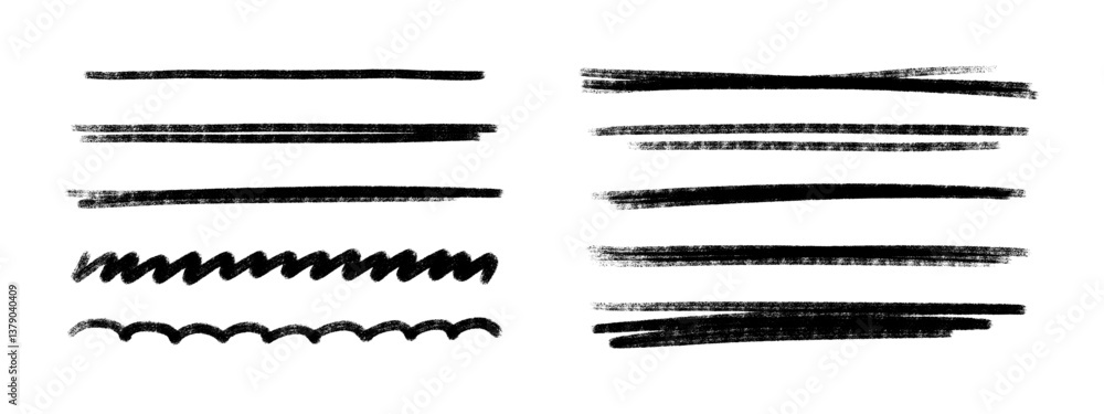 Poster black crayon stroke set - straight, wavy underlines and decorative borders. hand drawn divider desig