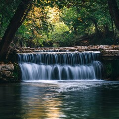 Obraz premium Serene forest waterfall with lush greenery and cascading stream in tranquil nature scene