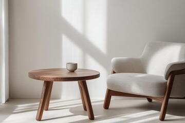 Minimalist living room scene with wooden coffee table and armchair