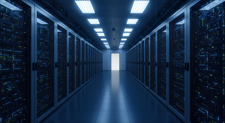 Data Center: Secure Servers, Cloud Storage, IT Infrastructure & High-Speed Networking in Modern Technology Room - Cybersecurity & Data Management