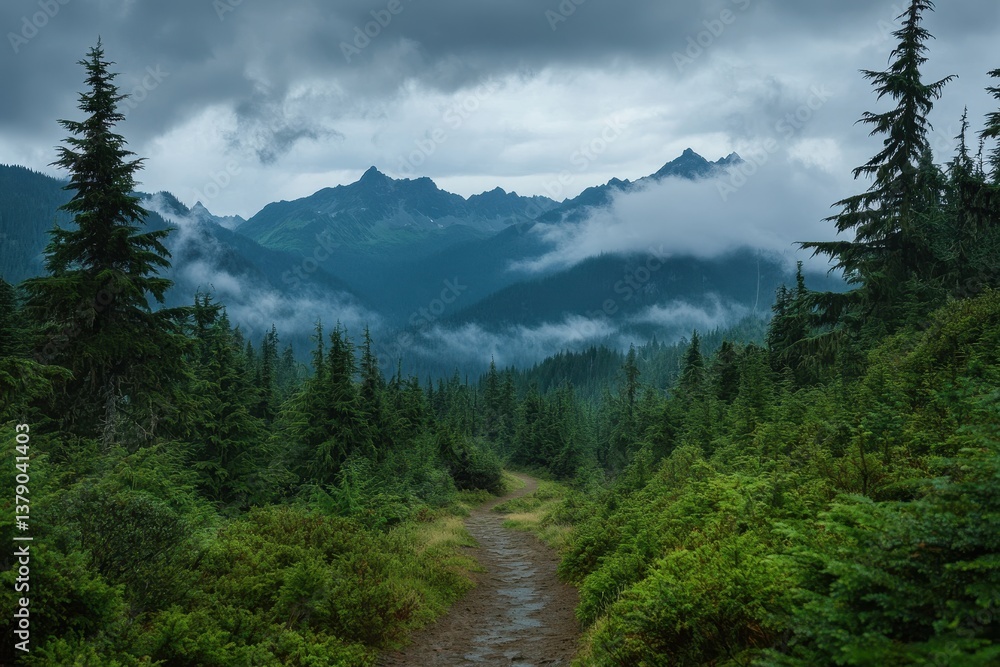 Poster a photo of a welldefined path cutting through a dense forest with cloudy skies overhead a storm as s