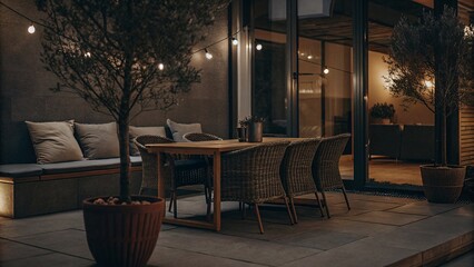 Modern patio design ideas: outdoor dining area with string lights and comfortable seating arrangement