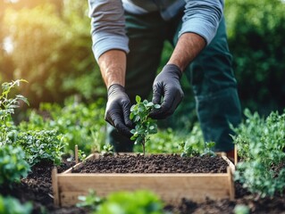 Fototapeta premium Gardening activity in a sunny backyard, planting young plant in soil in a wooden box