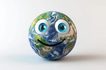 A smiling Earth globe with big blue eyes, expressing happiness and environmental awareness.