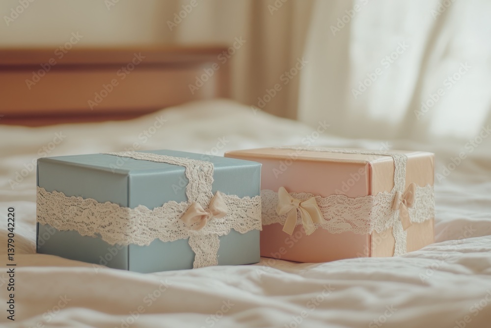 Poster a photo of two boxes placed on a bed in a simple and minimalistic setting gift boxes in pastel color