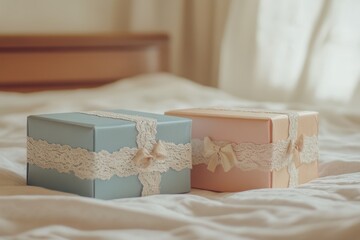 A photo of two boxes placed on a bed in a simple and minimalistic setting Gift boxes in pastel colors with dainty lace trims .