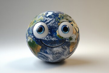 A smiling Earth globe with big, cartoonish eyes, representing environmental awareness and global happiness.