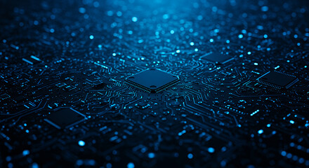 Blue Circuit Board: Tech, AI, Future, Innovation, Data, and Connectivity - High-Tech Microchip Background for Futuristic Designs