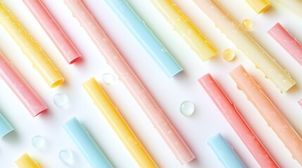 A scattered set of pastel-colored drinking straws with a glossy surface, realistic textures, ultra-detailed, isolated on solid white background.