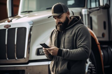 Portrait of a Truck driver standing next to truck and using his phone