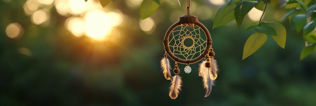 bohemian summer banner, a summer equinox web banner with d dreamcatchers, feathers, and floral elements swaying in the setting suns soft glow