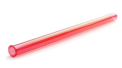A single straight plastic drinking straw in vibrant red color, smooth texture, ultra-detailed, isolated on solid white background.