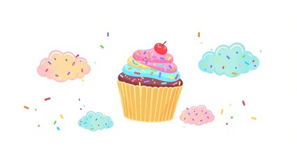 A whimsical oversized cupcake with rainbow frosting floating in a dreamy pastel sky Perfect for a magical and sweet design touch
