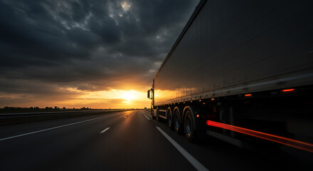 Obraz premium Sunset Speed: Trucking Across America at Dusk | Logistics, Transportation, and Highway Freedom