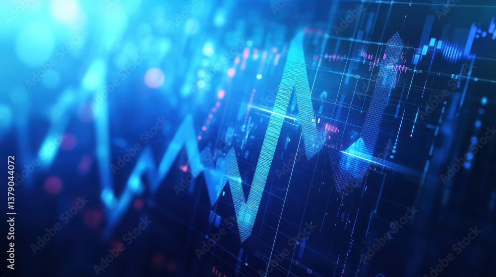 Poster dynamic 3d line graph with abstract arrows illustrating financial growth against a blue background f