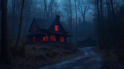 Haunted house in the woods at night, murder mystery setting with dark, eerie house glowing red from windows, surrounded by creepy darkness extending to an empty street and ominous forest