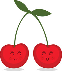 Illustration of two cute cartoon cherries on stalks, isolated on white background