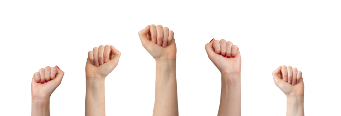 Fist up. Female group with clenched hand gesture showing strength, power, solidarity, feminism, protest, unity, community, struggle, revolution and hope. Isolated on white background..