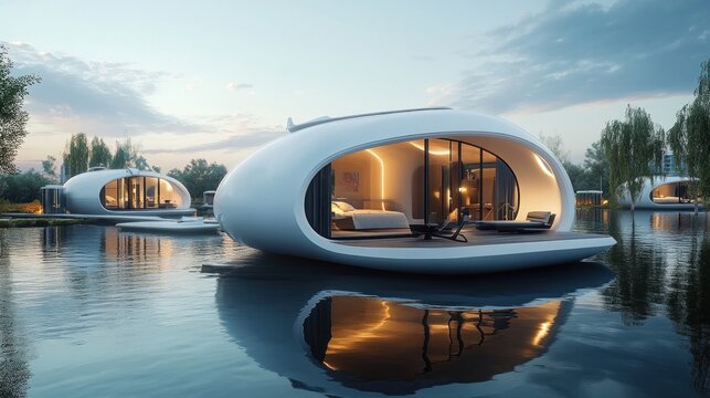 Serene retreat innovative floating pod houses nestled in a futuristic water city