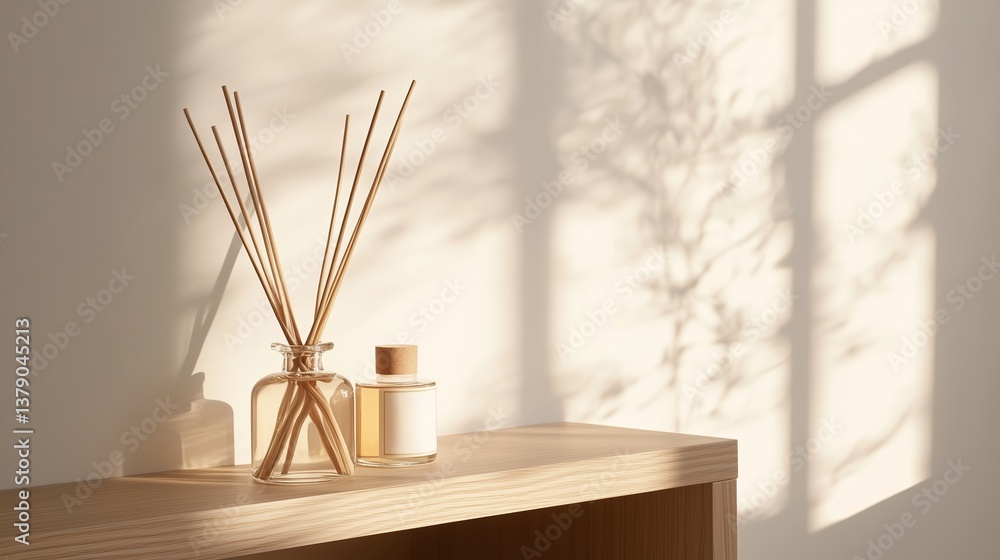 Poster elegant aroma diffuser with reed sticks on wooden shelf displaying soft shadows from sunlight in coz
